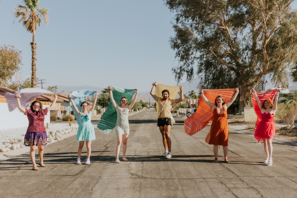 Colorful Bachelorette Party running down the streets of Palm Springs