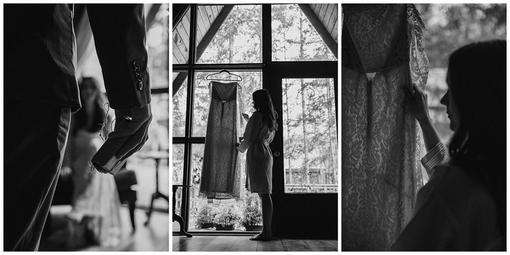 Black and white images of a bride and groom getting ready for their Washington Cabin Elopement