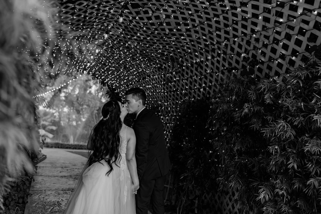 black and white image of bride and groom kissing under a light up tunnel at the orchard wedding venue in menifee california